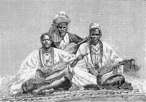 A black and white drawing, of Senegalese griots