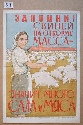 Mid-century soviet lithograph reads, Zapomni! Svinei na otkorme massa znachit mnogo sala i miasa (Remember! A Lot of Fattened Pigs Means a Lot of Fat and Meat).